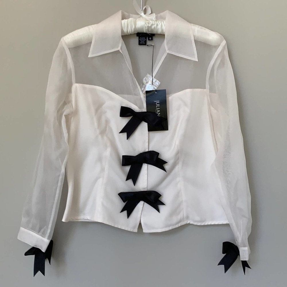Julian White Sheer Sleeve Blouse with Black Bows